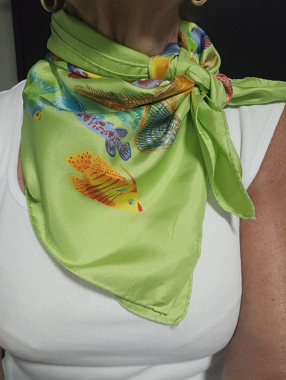 Talbots Lime Green 100% Silk Scarf with Colorful Fish Motif 35x35
